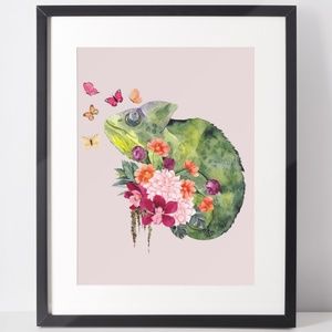 Wall Art Watercolor Floral Chameleon Illustration Print Poster Unframed